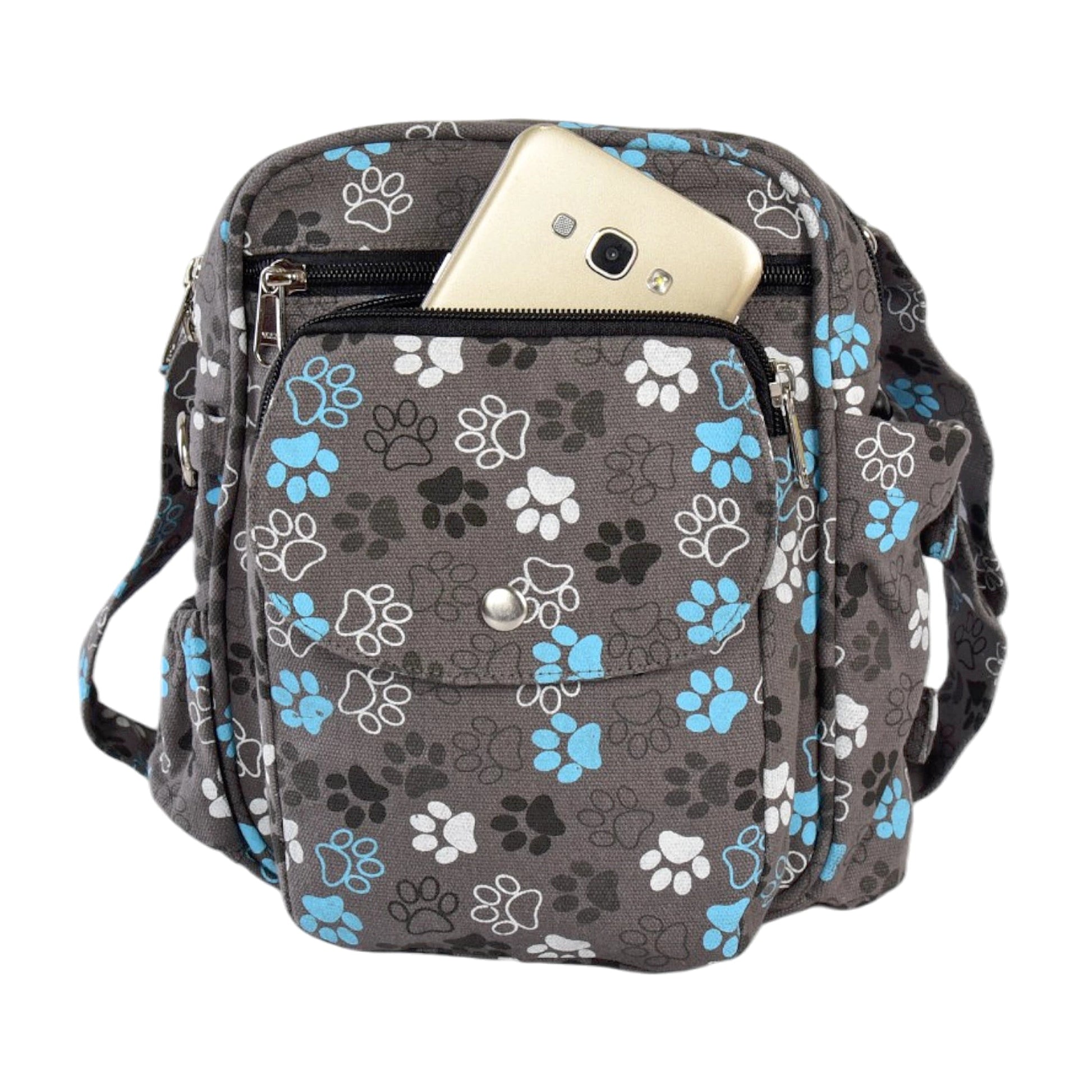 Stylische Hundetasche in Grau mit niedlichem Pfotenmuster und mehreren Taschen für Zubehör und Handy.