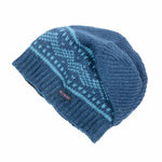 Long Beanie Mütze im zweifarbigen Norweger-Strickmuster-Look, Schurwolle Blau