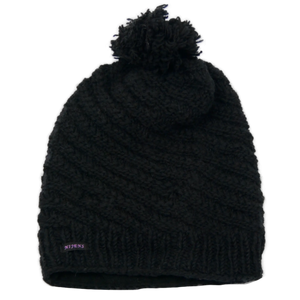 Handgestrickte Wollmütze mit Bommel, Bommelmütze aus Schurwolle Schwarz.