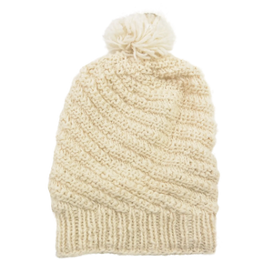 Handgestrickte Wollmütze mit Bommel, Bommelmütze aus Schurwolle Naturweiß.