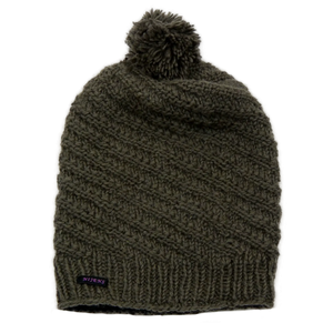 Handgestrickte Wollmütze mit Bommel, Bommelmütze aus Schurwolle Graugrün.