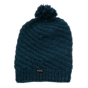 Handgestrickte Wollmütze mit Bommel, Bommelmütze aus Schurwolle Tiefseegrün.