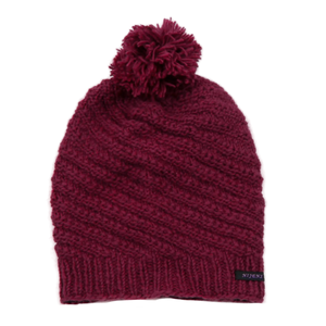 Handgestrickte Wollmütze mit Bommel, Bommelmütze aus Schurwolle Pink.