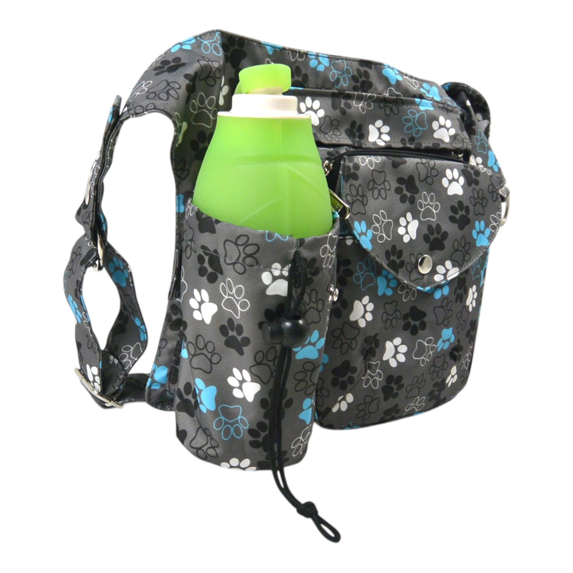 Seitliche Ansicht der Nijens Hundetasche mit Trinkflasche und Kordelzug – funktional und robust für unterwegs.