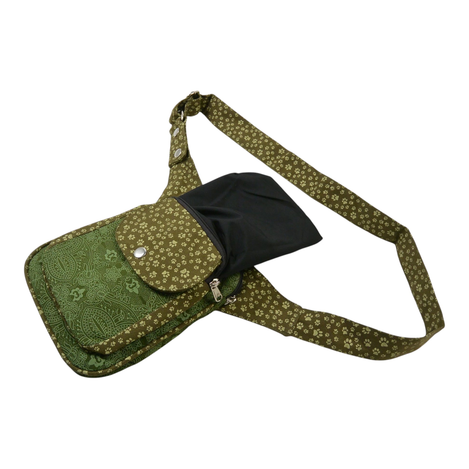 Bauchtasche für Hundespaziergang olivgrün gemustert – mit Leckerlifach.