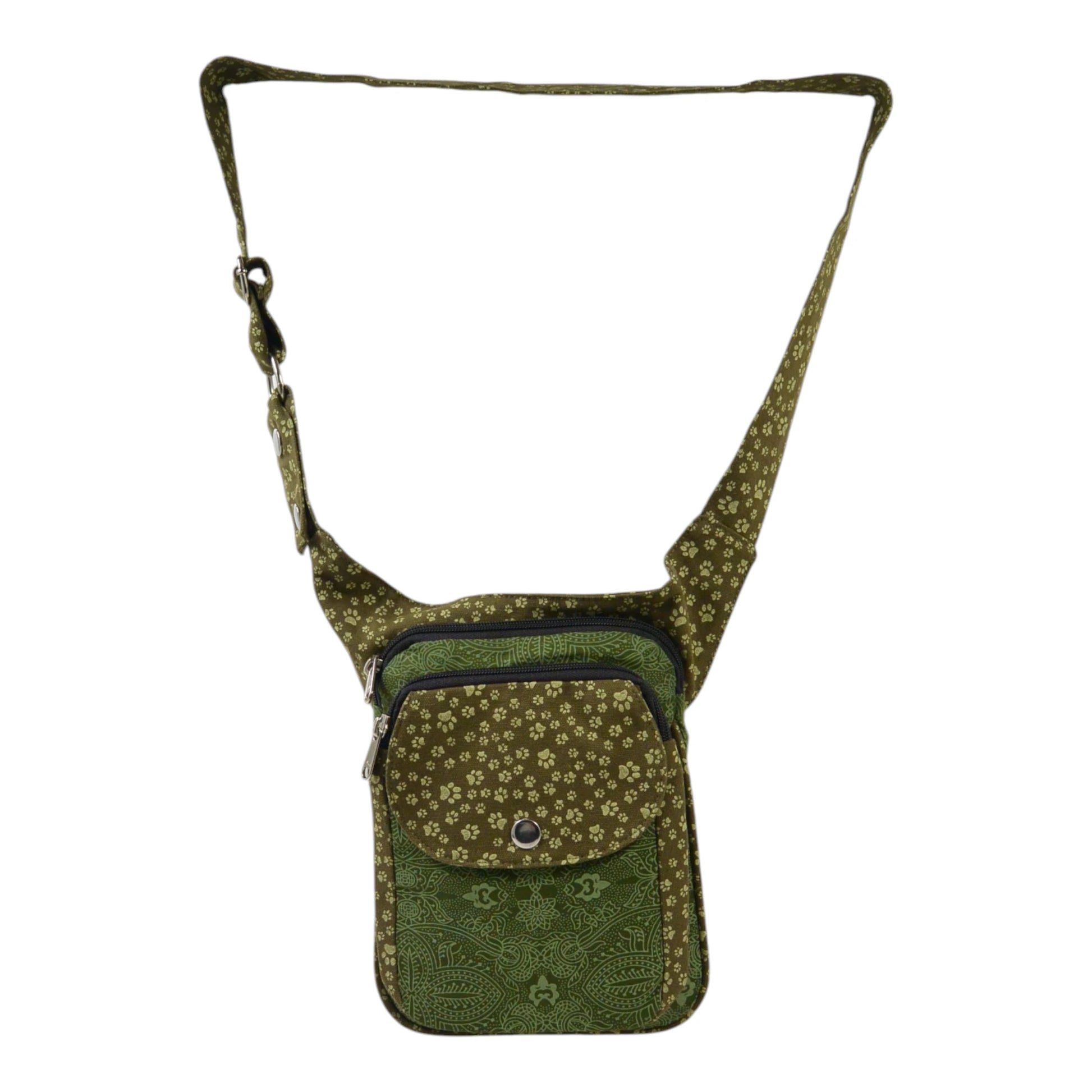 Bauchtasche für Hundespaziergang olivgrün gemustert – Nijens Freiburg mit Reißverschlussfächern. Frontalansicht.