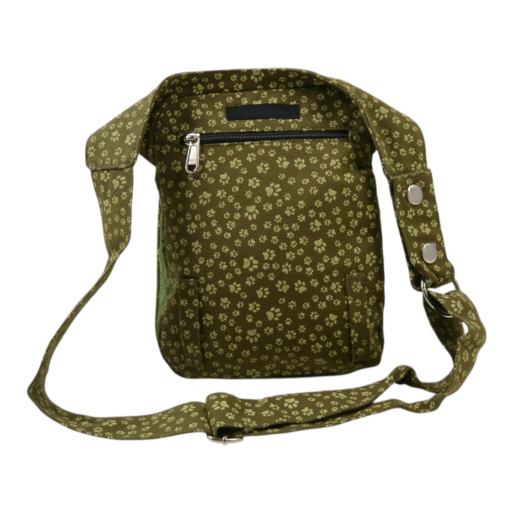 Bauchtasche für Hundespaziergang olivgrün gemustert – Nijens Freiburg mit Reißverschlussfächern. Rückseite.
