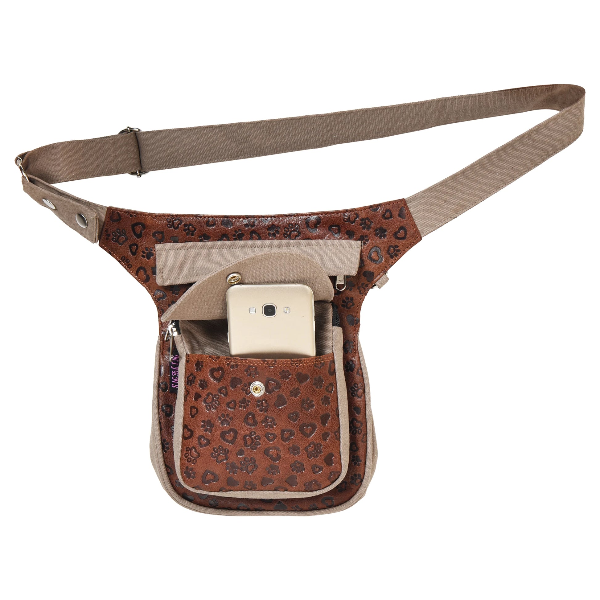 Gassi-Tasche aus Canvas&Leder in Beige-Braun mit Herz- und Pfotenmuster, Frontfach mit Handy