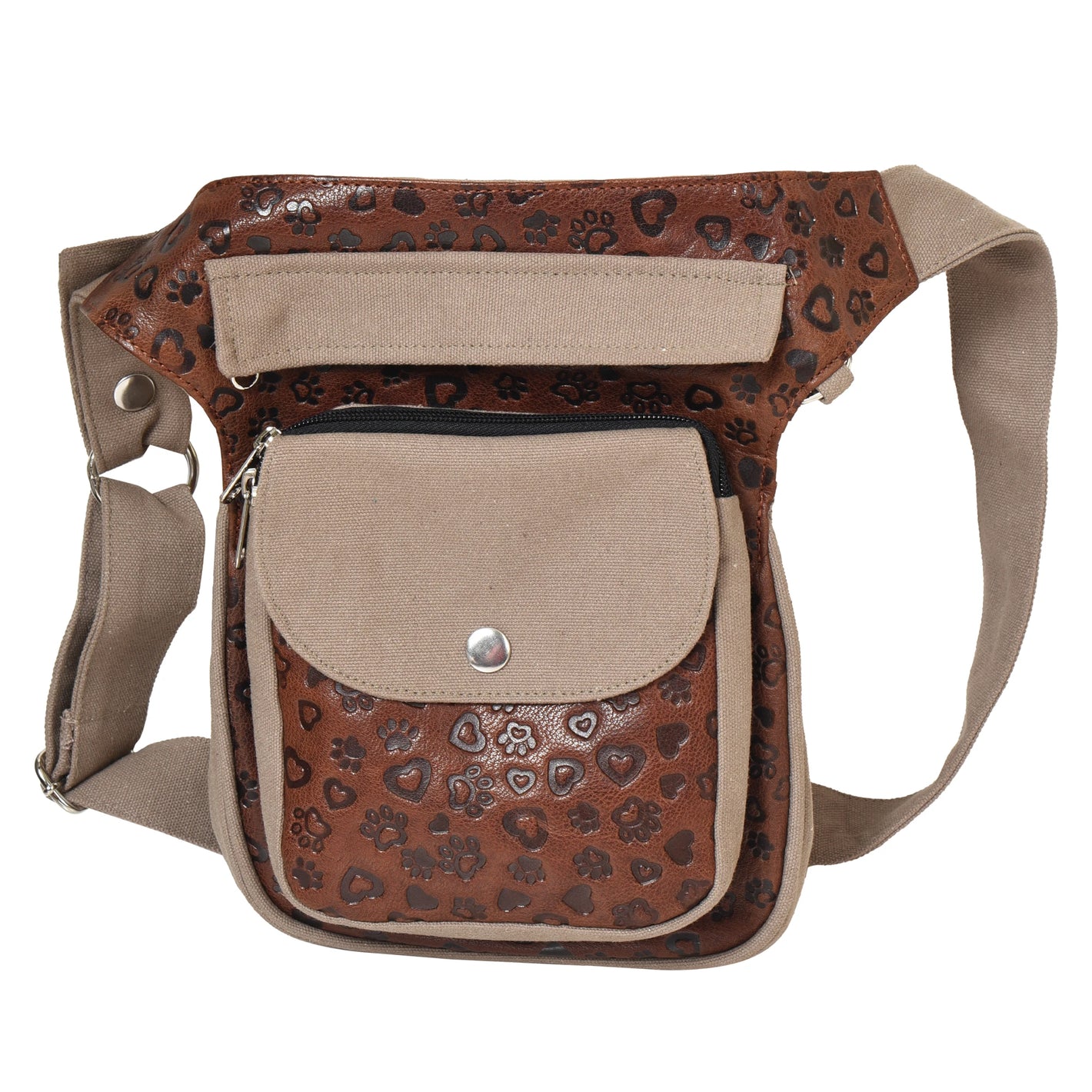 Nijens Gassi-Tasche Hannover aus Canvas in Beige und Leder Brandy Herz-Pfotenmuster – Vorderansicht