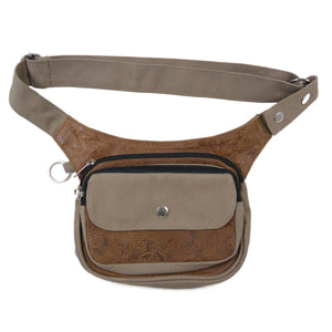 Gassi-Tasche Leder Vintage mit Blumenprint - Vorderseite der Hüfttasche – stilvoll & praktisch