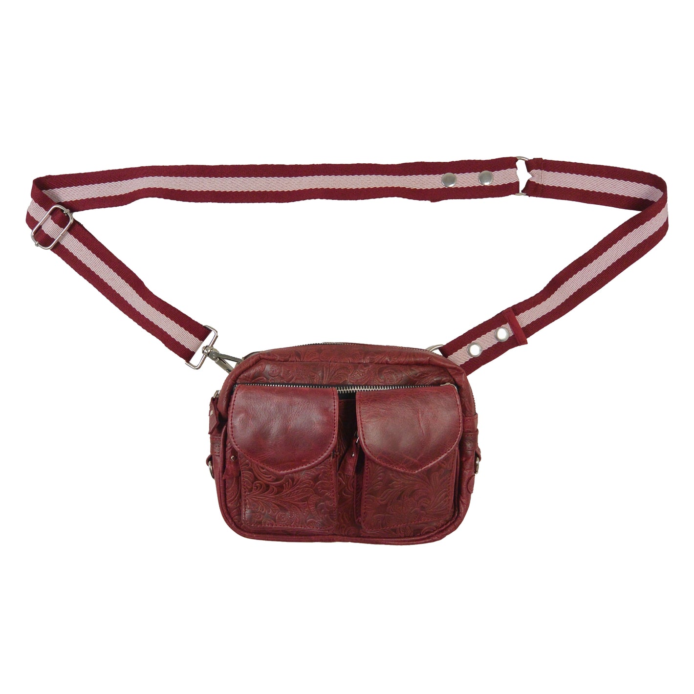 Gassitasche Modell Berlin in Bordeauxrot mit Blumenprägung aus echtem Leder, Vorderansicht mit zwei Vordertaschen.