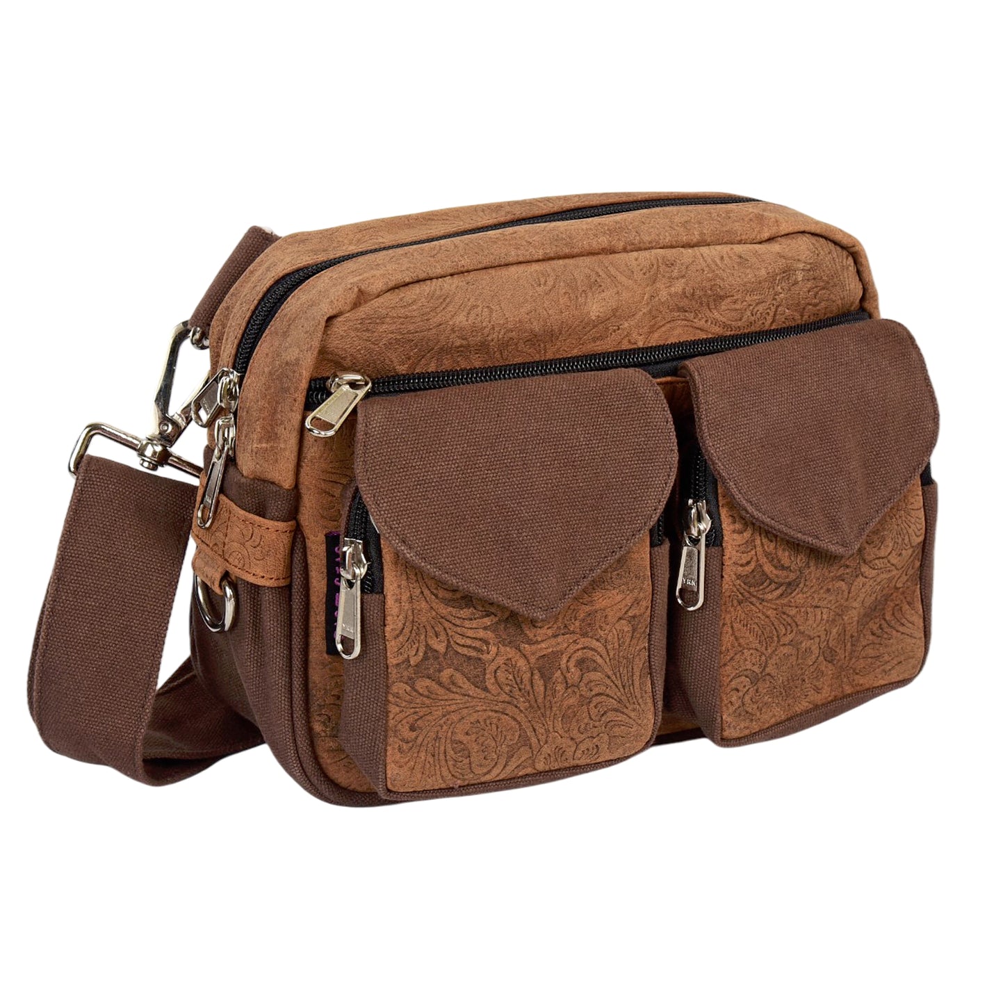 Gassitasche aus echtem Leder in Braun mit floraler Prägung, zwei Fronttaschen mit Überschlag und verstellbarem Gurt, ideal für Hundespaziergänge.