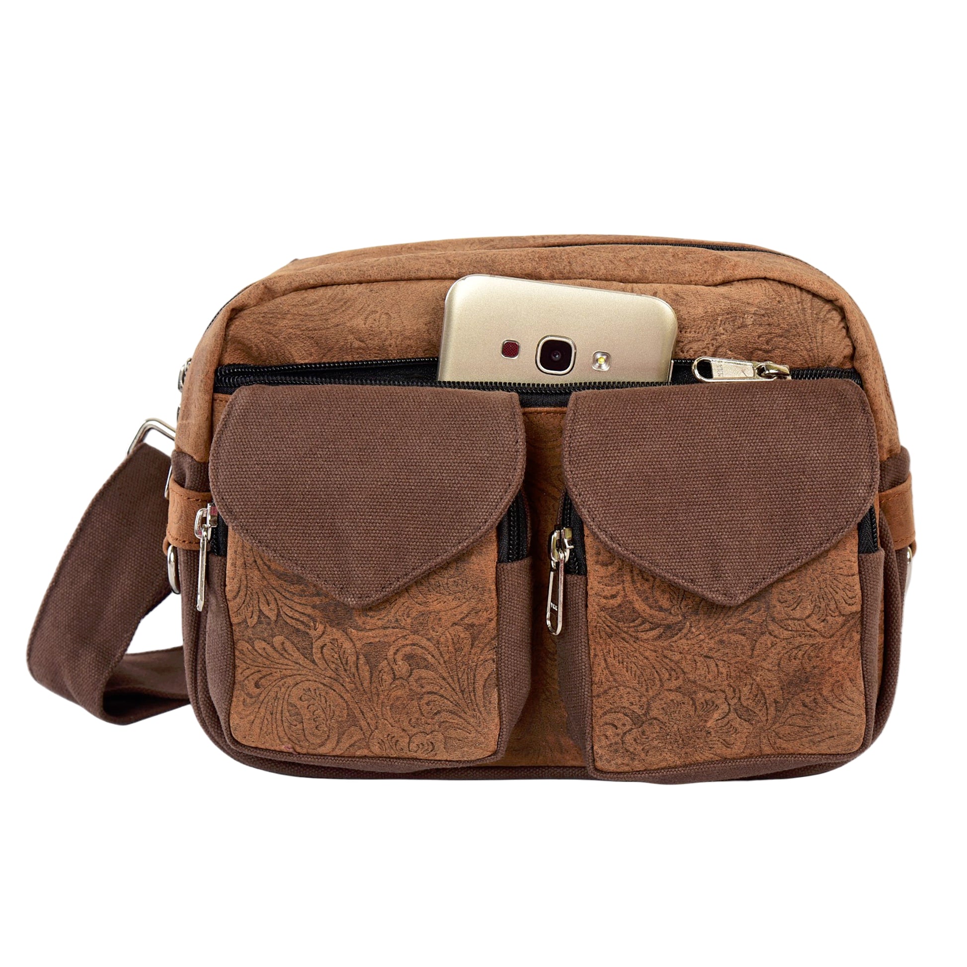 Gassitasche aus echtem Leder und Canvas in Braun mit floraler Prägung, zeigt Smartphone in Frontfach.