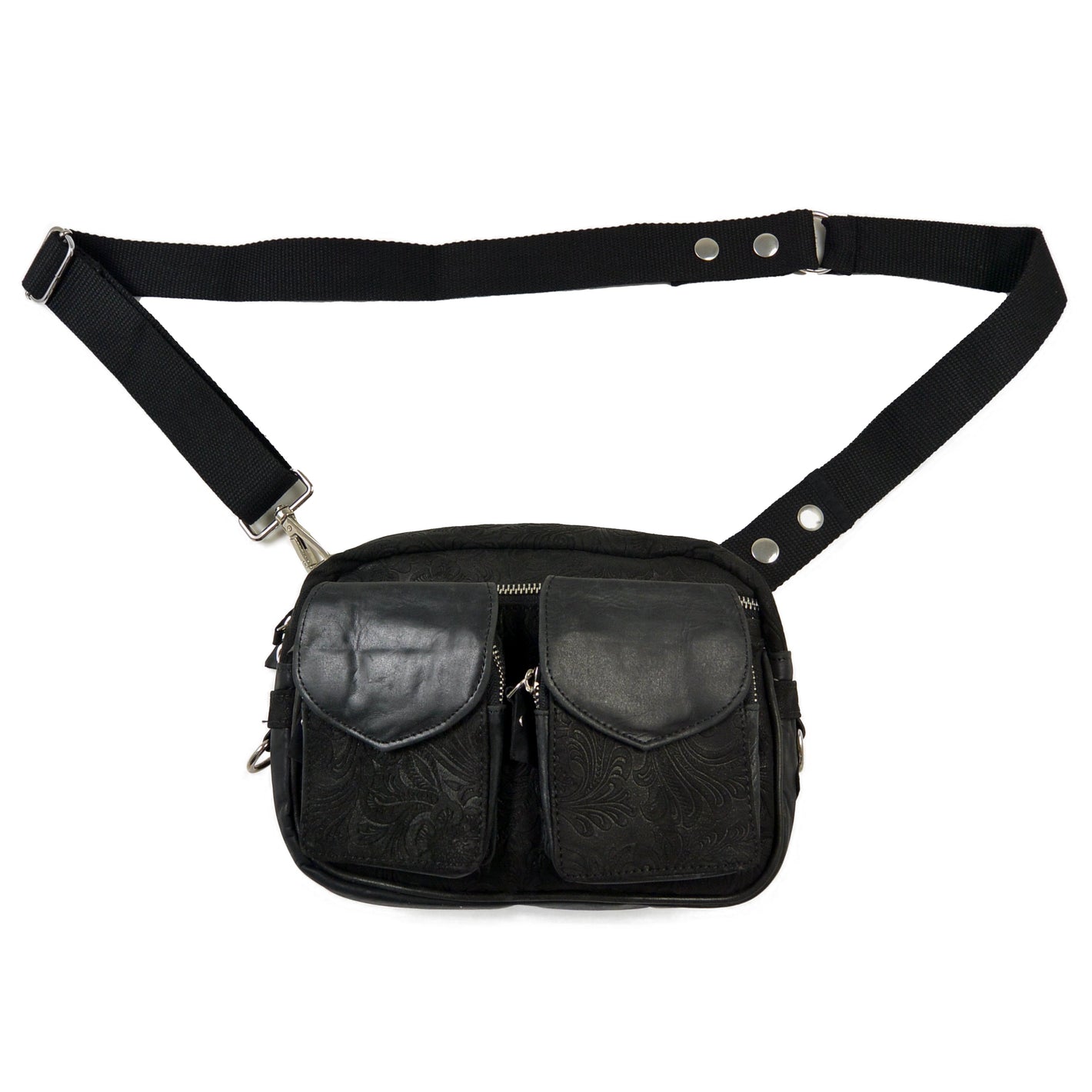 Vorderansicht der Gassi-Tasche - aus echtem Leder schwarz mit floraler Prägung - Berlin F-130 Nijens Shop