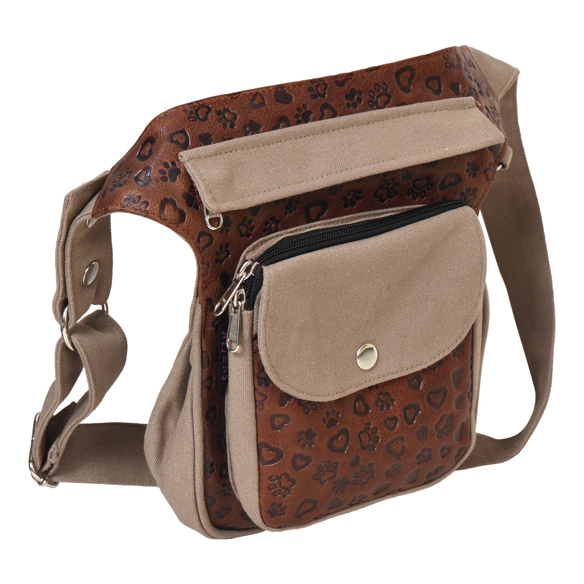 Gassi-Tasche aus Canvas&Leder in Beige-Braun mit Herz- und Pfotenmuster, Frontfach mit Handy – Seitenansicht