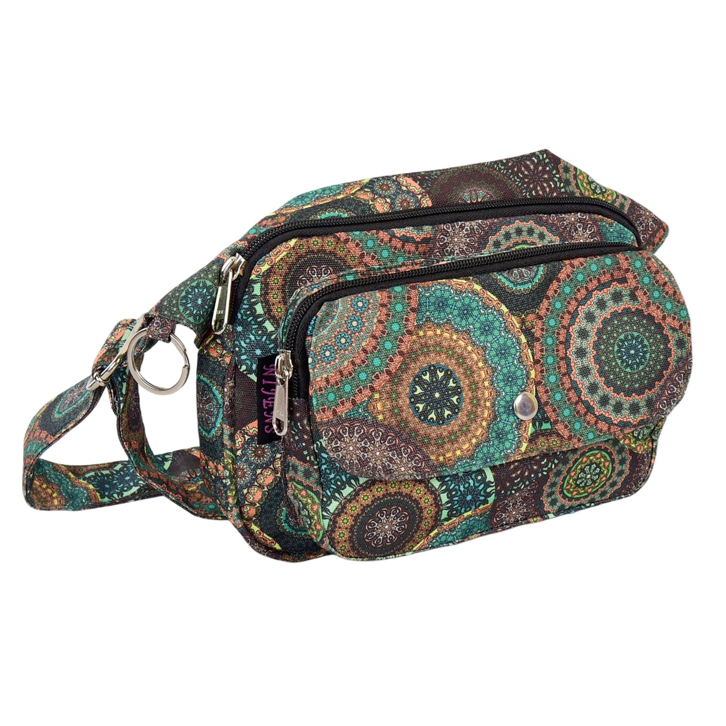 Wasserdichte Gassi-Tasche mit Mandala-Design in Grüntönen. 5 Fächer, Leckerli-Fach und Hüftgurt – ideal für stylische Hundespaziergänge. Nijens Shop