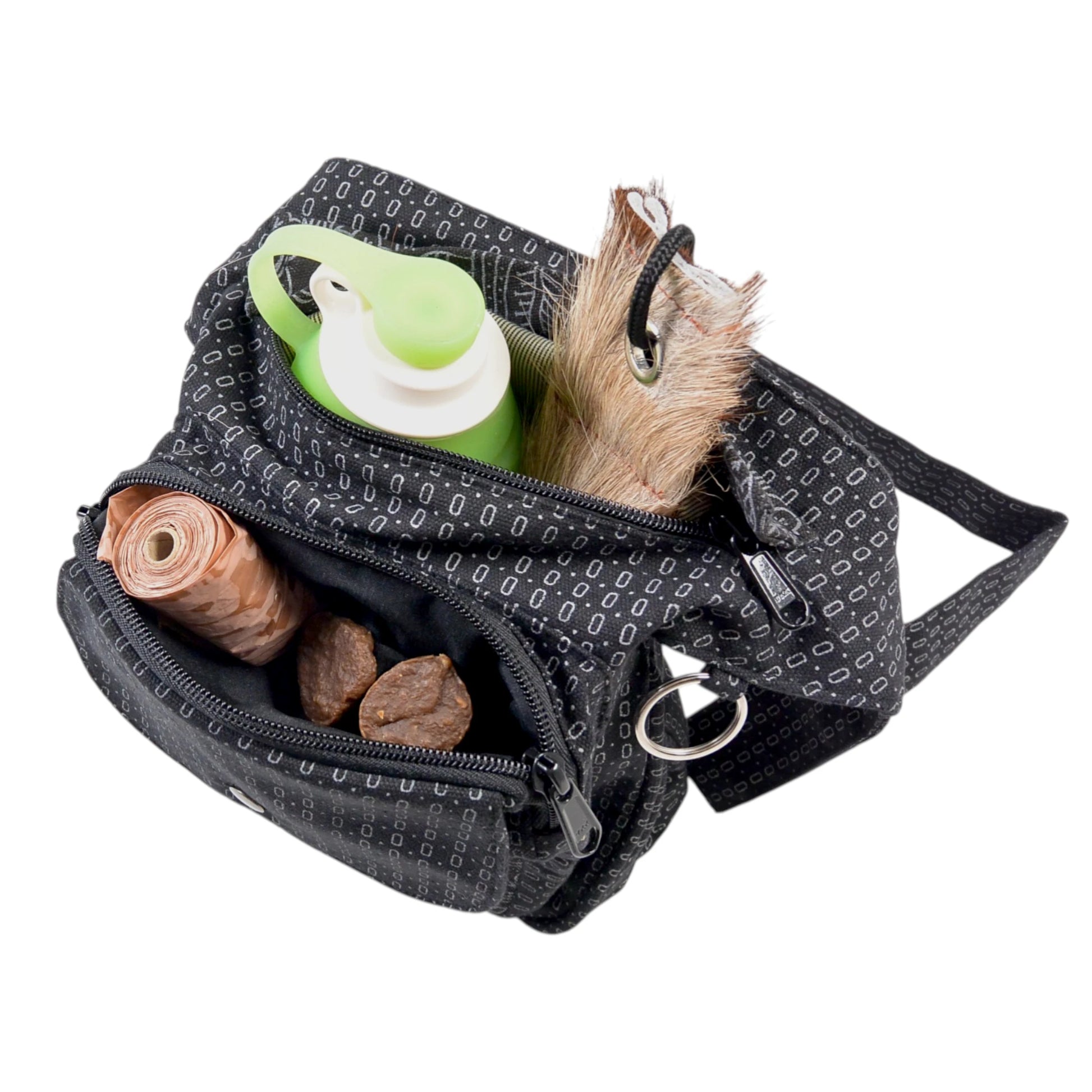 Nijens Gassi-Tasche Hannover aus schwarzem Canvas mit grauem Ethno-Muster und Leckerlifach.