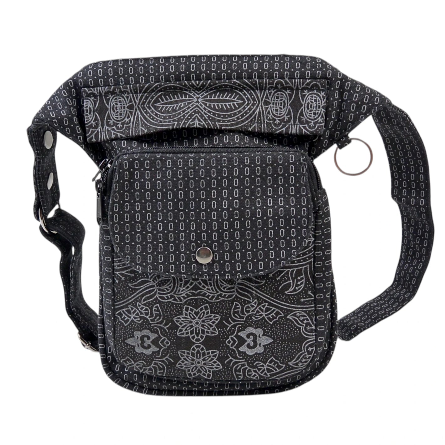 Nijens Gassi-Tasche Hannover aus schwarzem Canvas mit grauem Ethno-Muster und verstellbarem Gurt