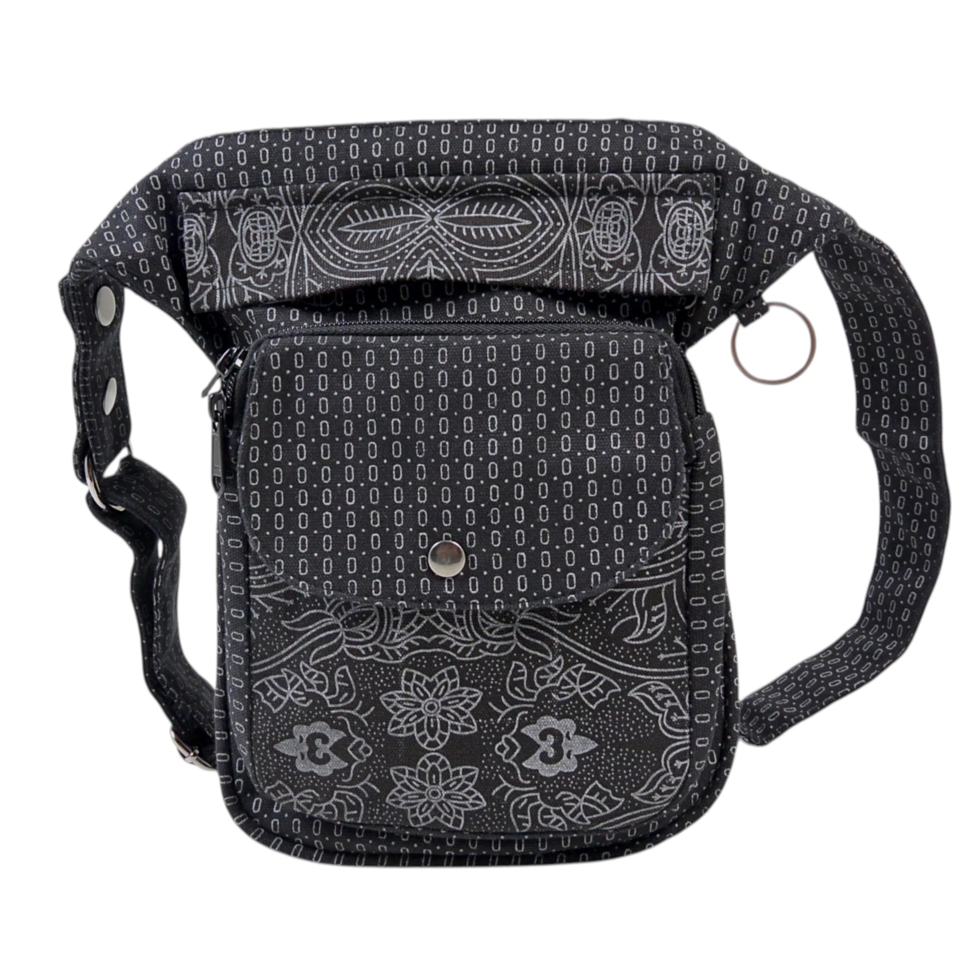 Nijens Gassi-Tasche Hannover aus schwarzem Canvas mit grauem Ethno-Muster und verstellbarem Gurt