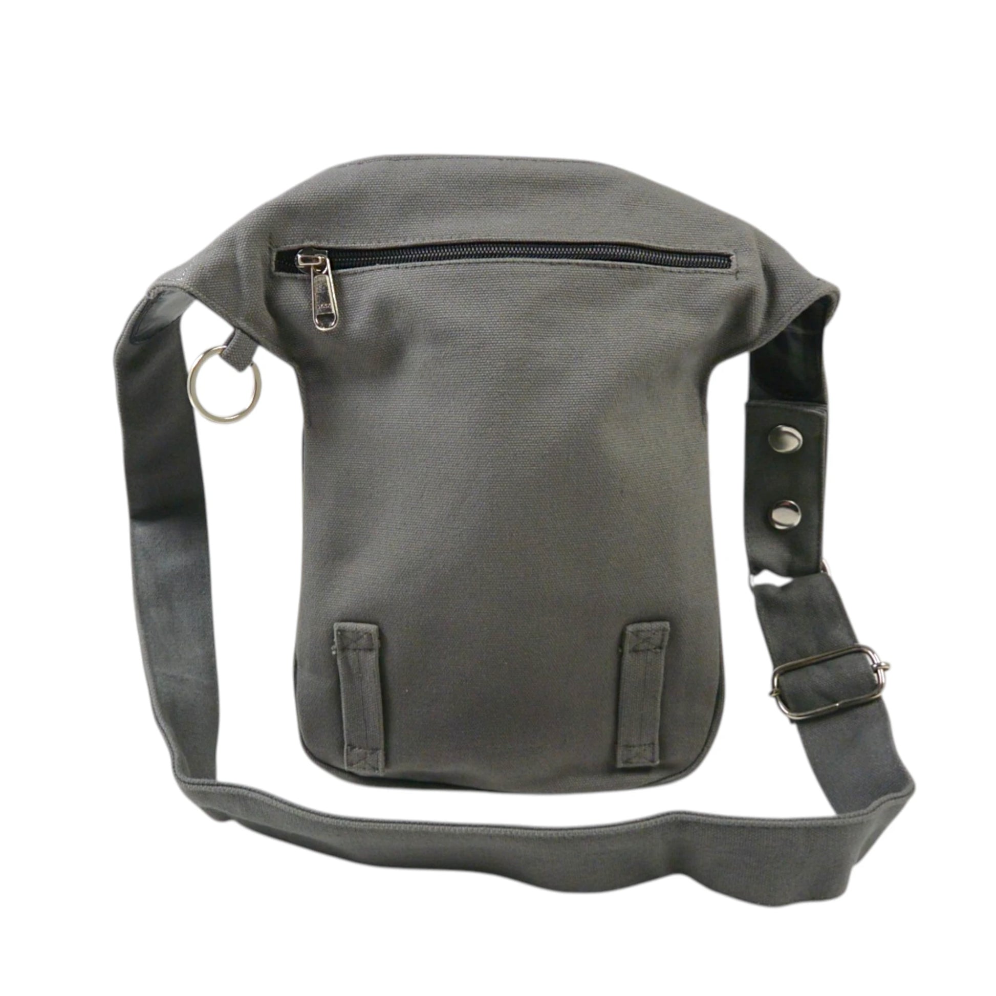Gassitasche aus Canvas Grau, Rückansicht mit Reißverschlussfach und stabilem Gurt