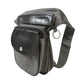 Gassitasche aus Canvas Grau mit echtem Leder in Schwarz, Seitenansicht mit Druckknopf-Klappe, Reißverschlussfach und stabilem Gurt