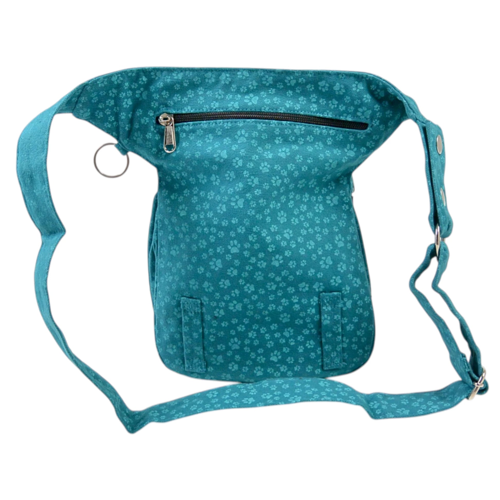 Rückseite der türkisen Nijens Bauchtasche Hannover mit Reißverschlussfach und Gürtelschlaufen