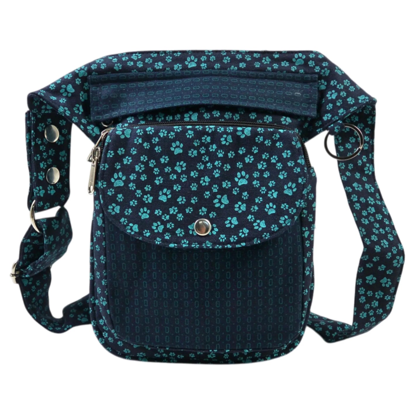Gassitasche Hannover aus Canvas-Baumwolle in Marineblau mit türkisfarbenem Pfotenmuster. Frontansicht.