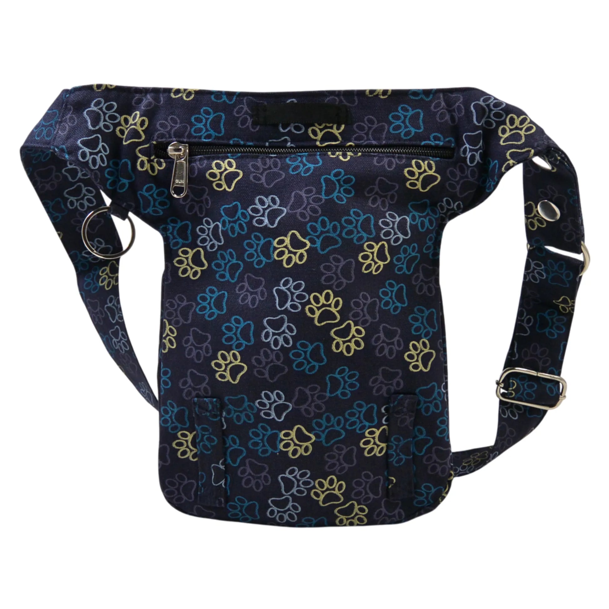 Nijens Gassitasche Hannover aus Canvas-Baumwolle in Blau mit buntem Pfotenmuster, Rückansicht mit Reißverschlussfach.