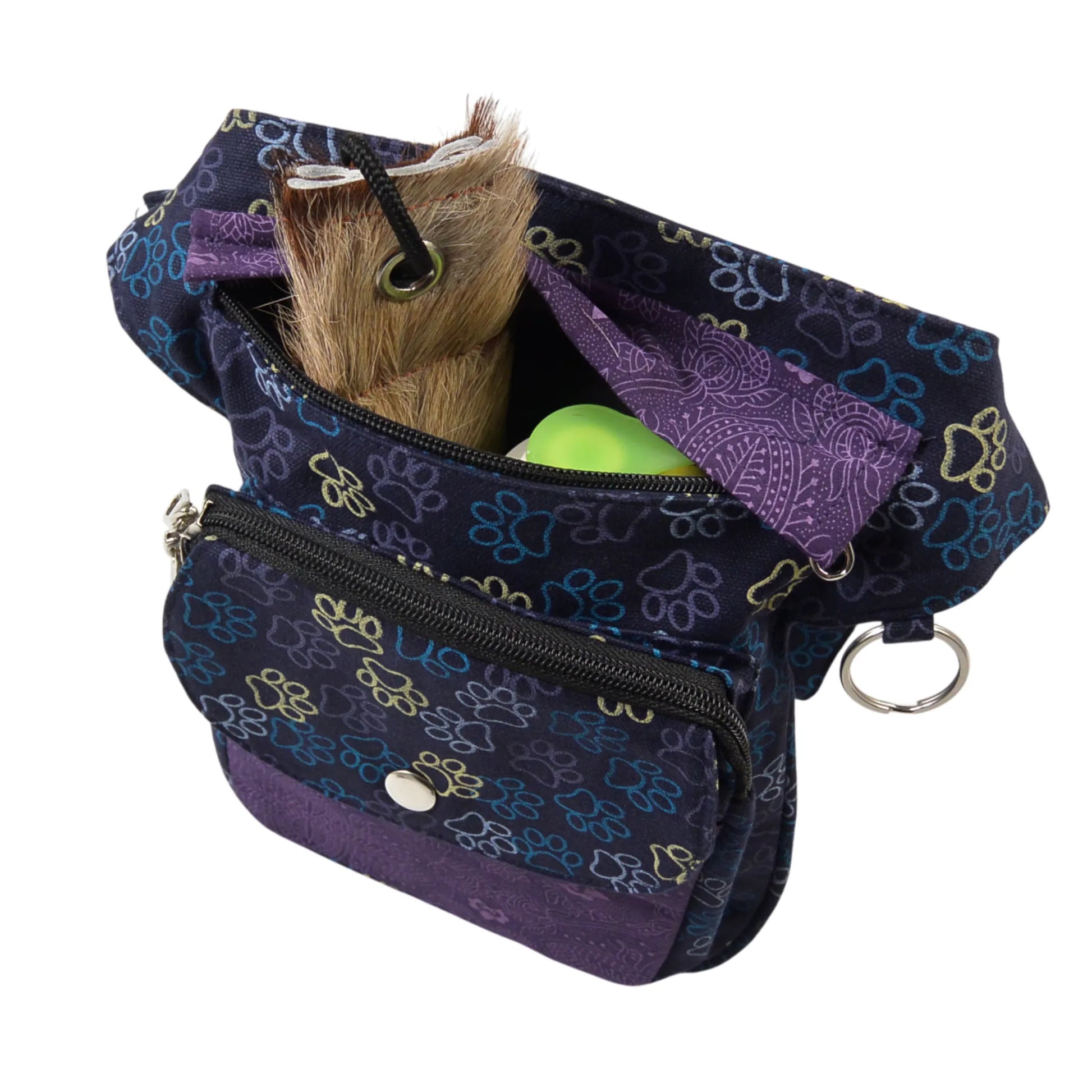 Offene Nijens Gassitasche Hannover aus Canvas-Baumwolle in Blau mit Lila Pfotenmuster, mit Trinkflasche und Wurf-Dummy im Fach.