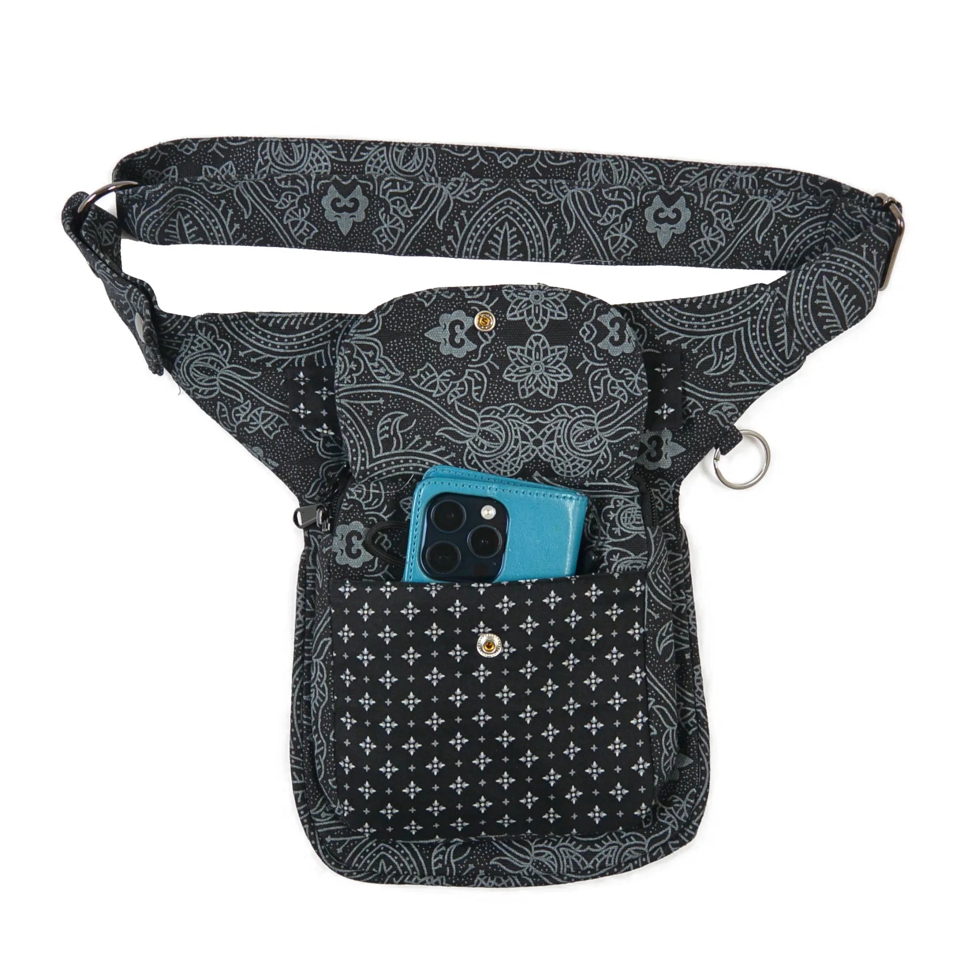 Offene Nijens Gassitasche Hannover aus Canvas-Baumwolle in Schwarz mit Muster, mit Handy im Fach.