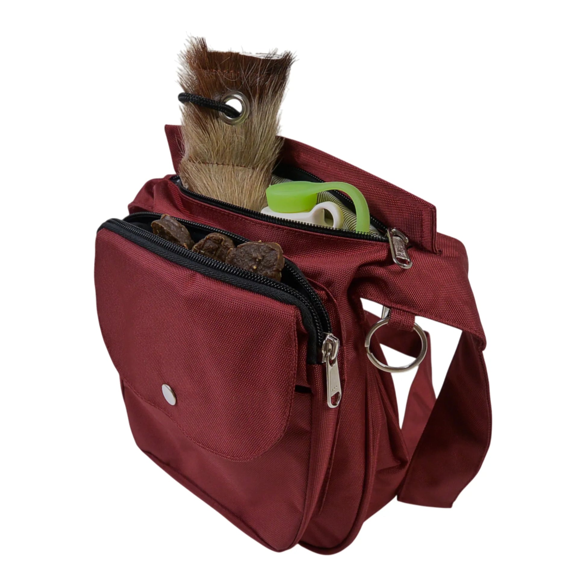 Nijens wasserabweisende Gassitasche Hannover in Bordeaux, Frontansicht mit Leckerlifach mit Snacks.