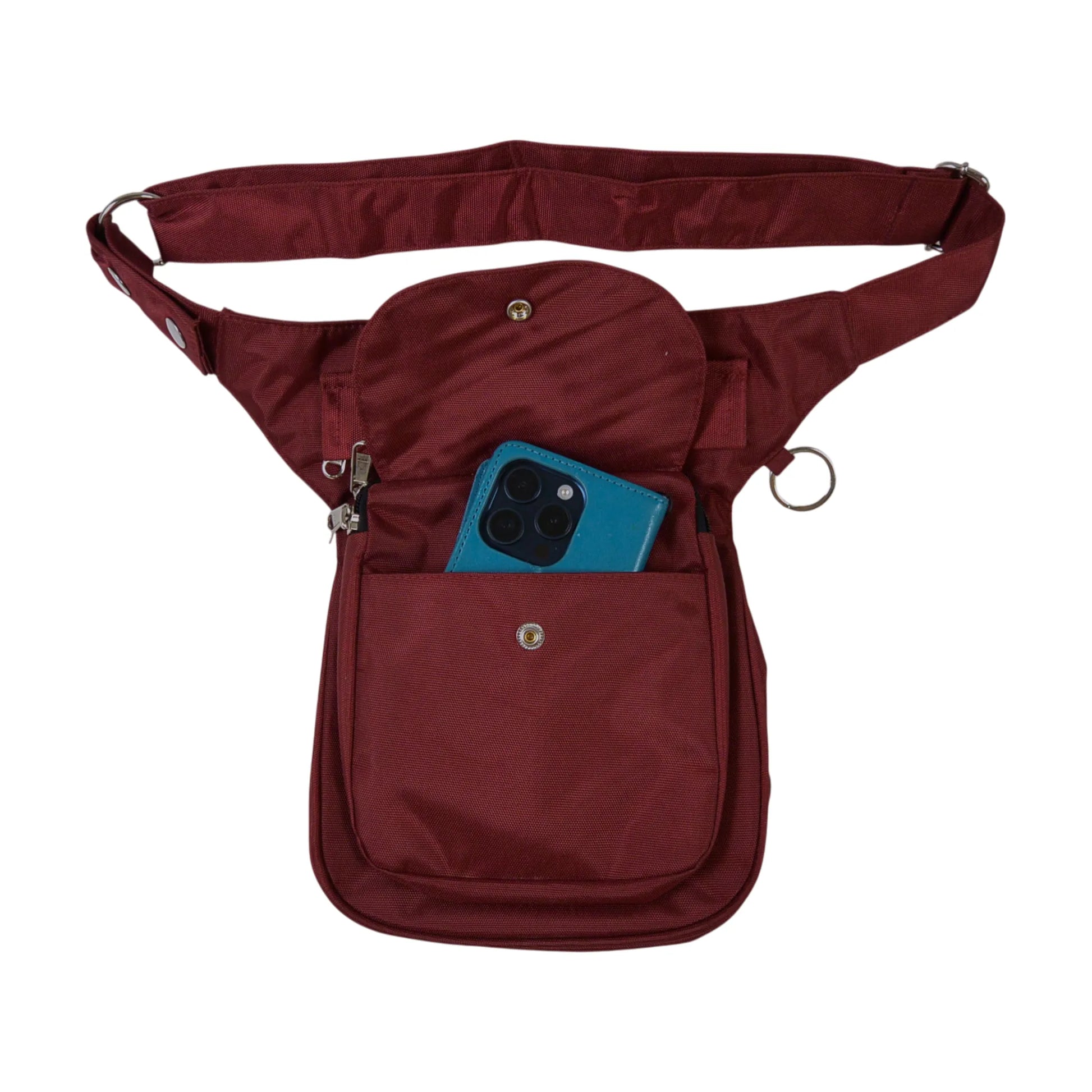 Nijens wasserabweisende Gassitasche Hannover in Bordeaux, Frontansicht mit Handyfach, Druckknopfklappe, verstellbarem Gurt und D-Ring.