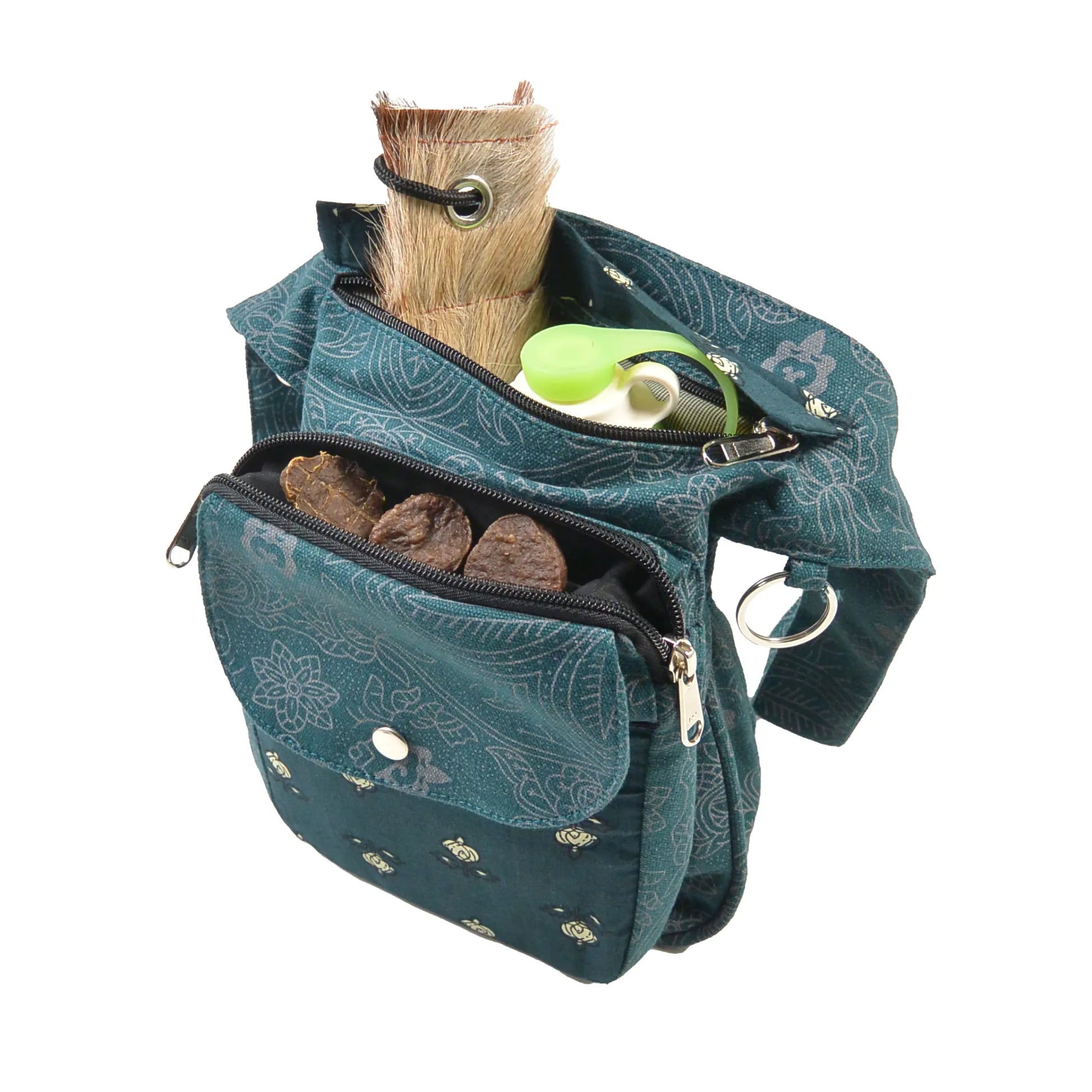 Offene Nijens Gassitasche aus Canvas-Baumwolle in Petrol mit Leckerlifach mit Snacks, und Trinkflasche im Hauptfach.
