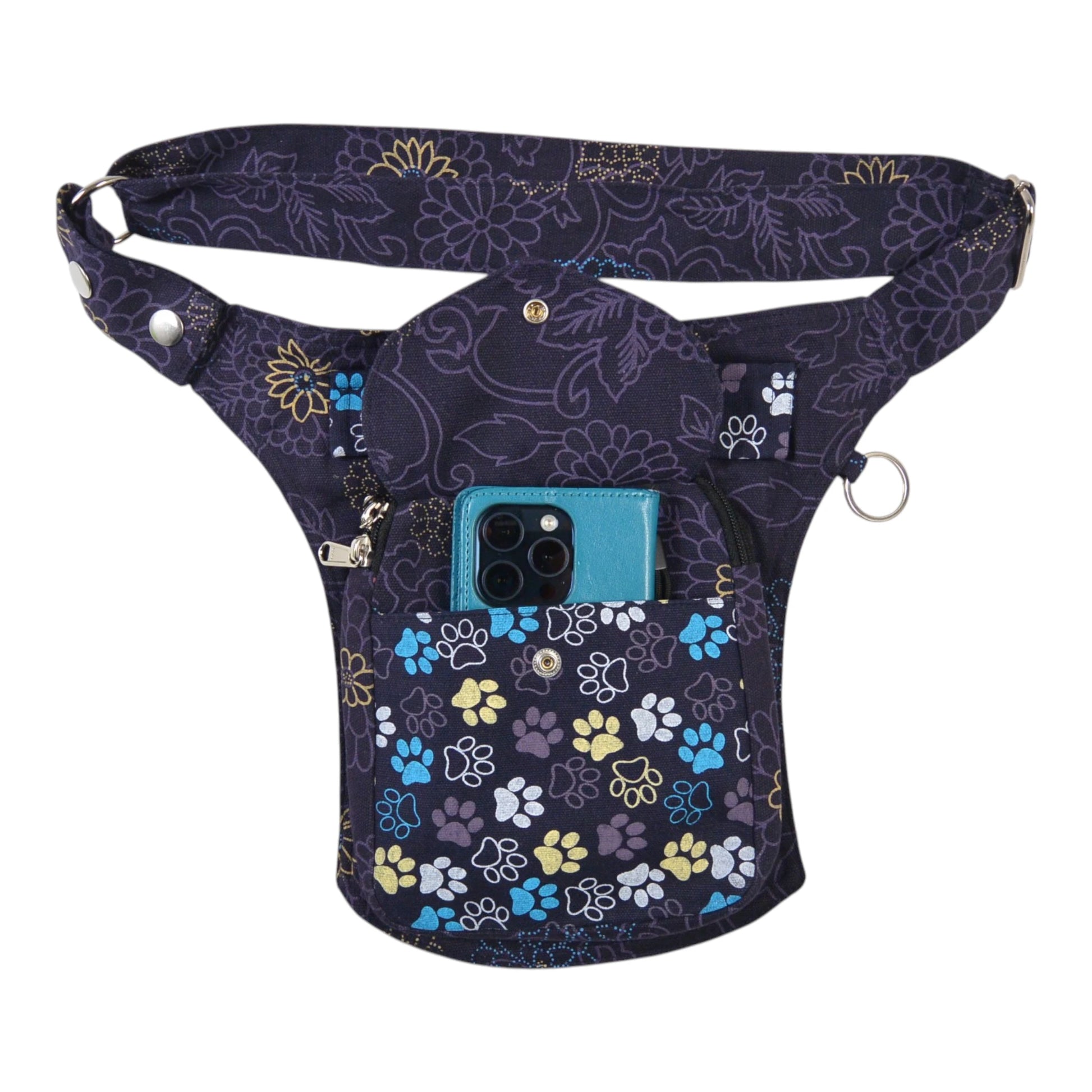 Gassitasche Barcelona mit Handy-Fach und Reißverschluss in Lila-Blau mit Blumen-Pfoten-Design