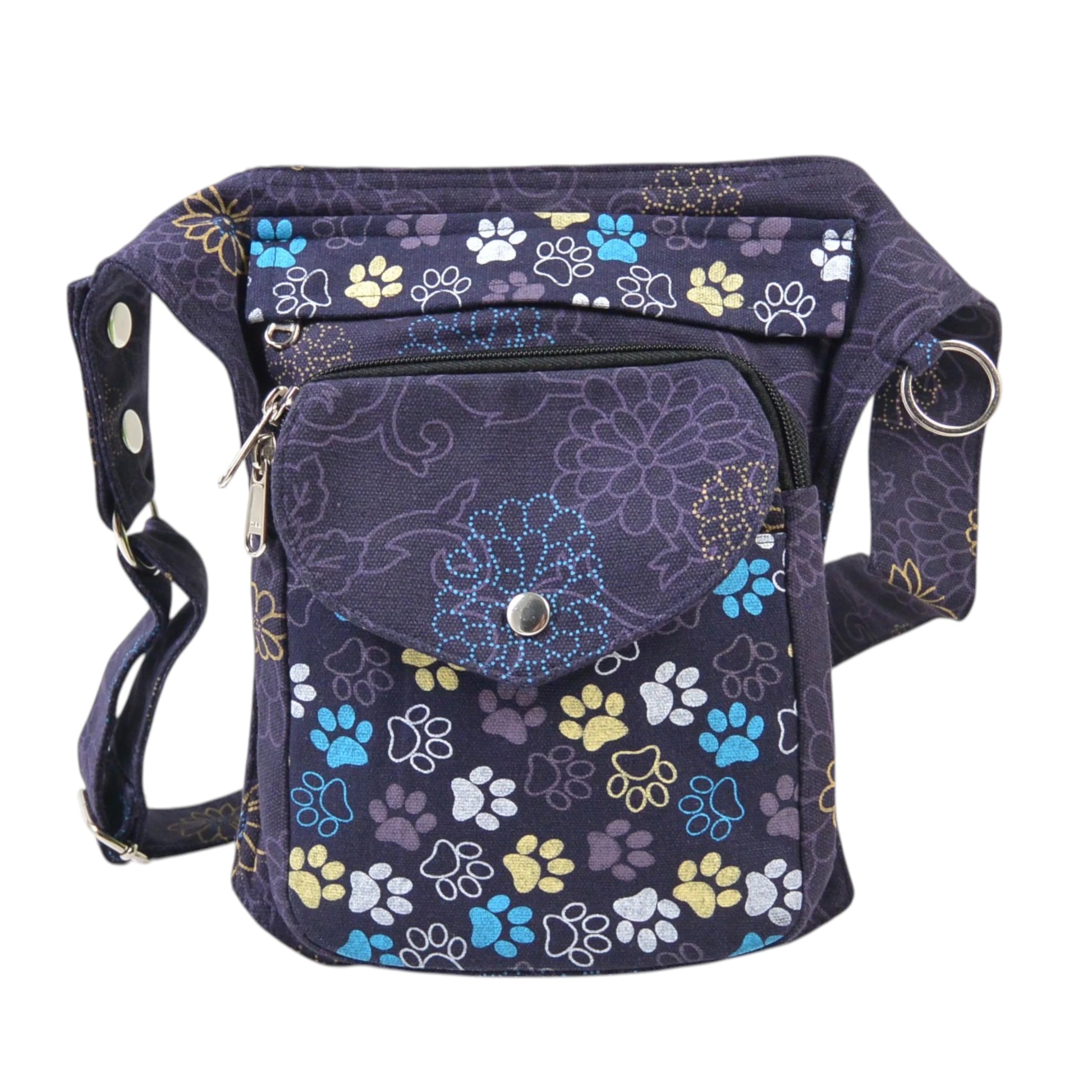 Gassitasche Barcelona mit Leckerli-Fach und Reißverschluss in Blau mit Blumen-Pfoten-Design