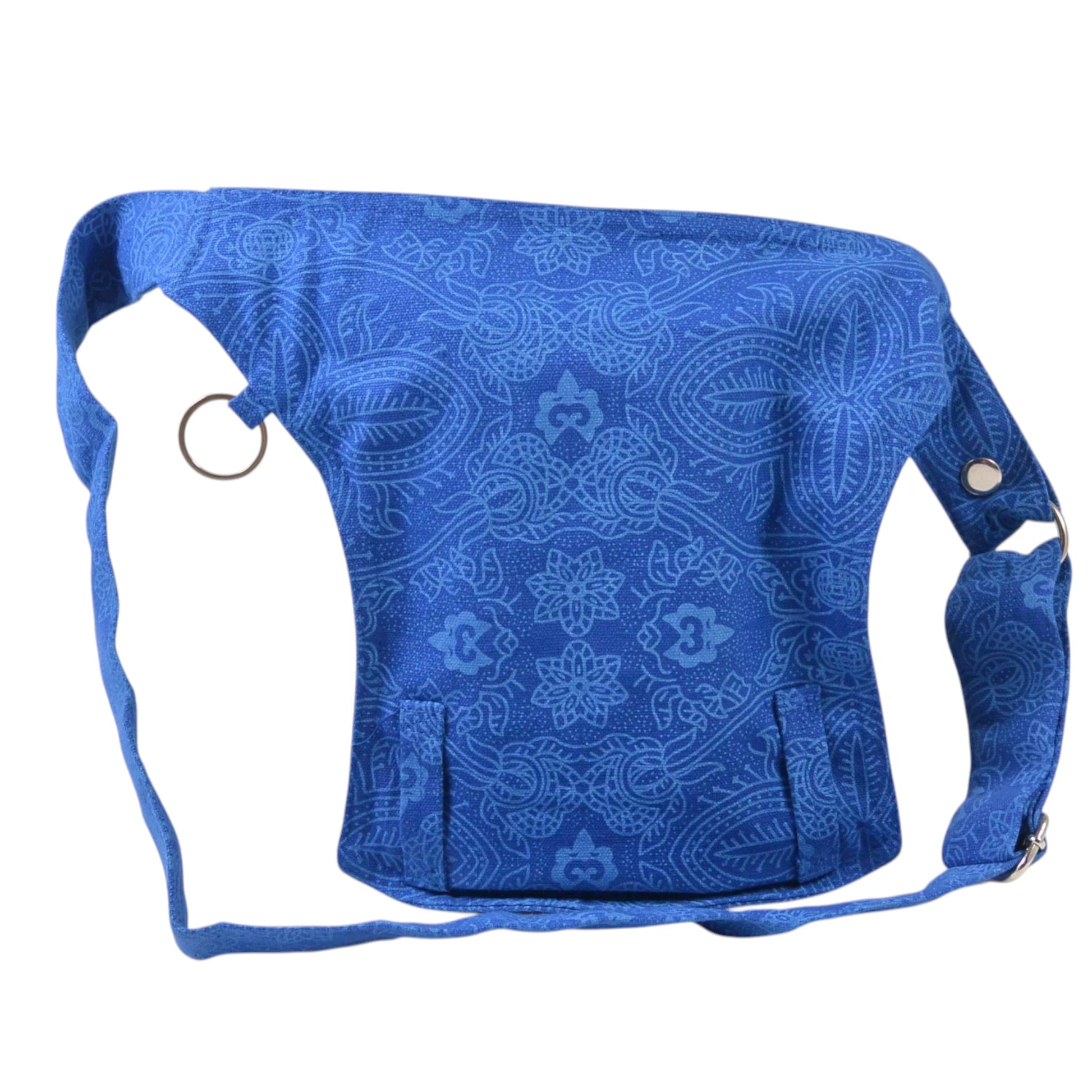 Rückseite der Hüfttasche für Hundespaziergänge in Blau mit Blumenprint und Karabiner-Ring