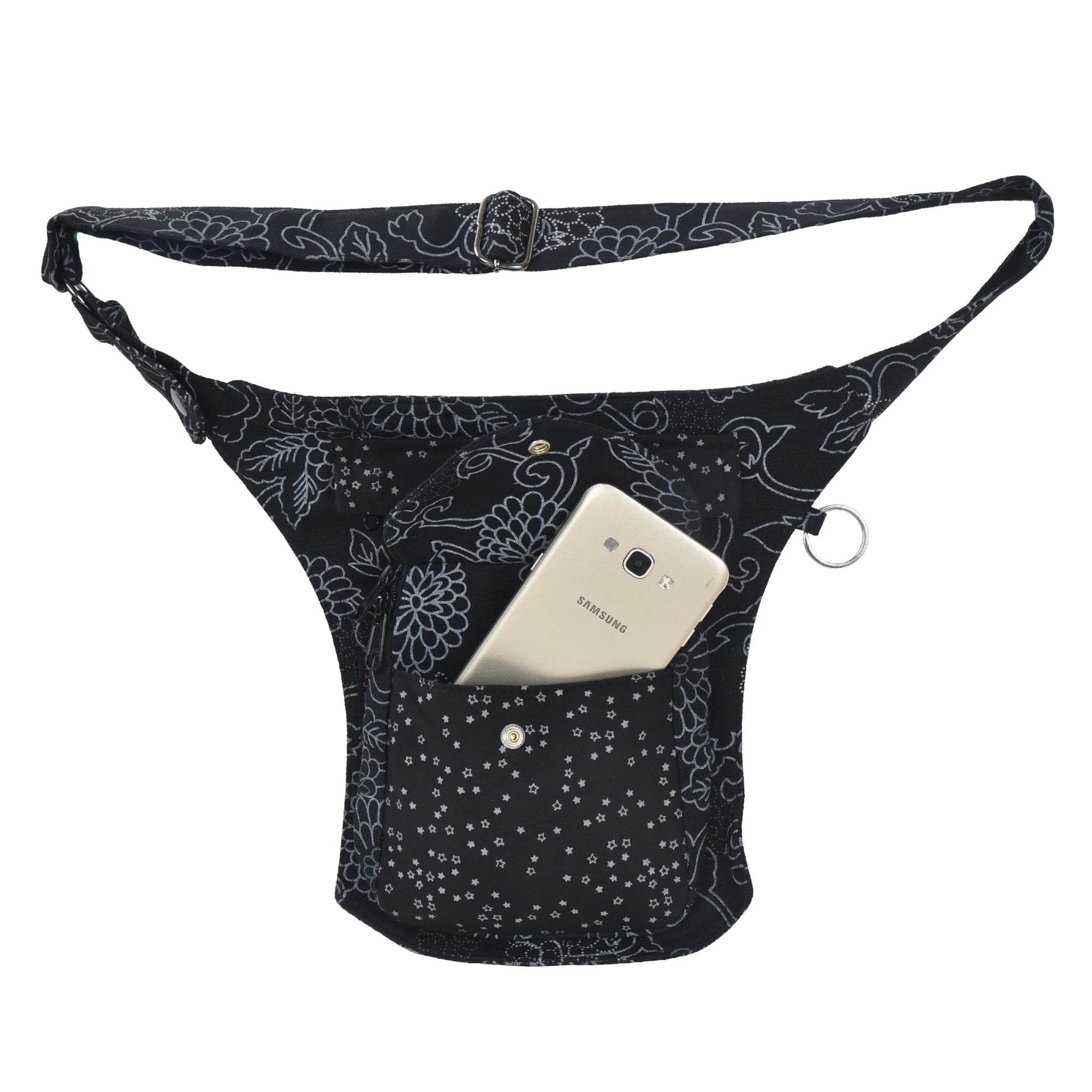 Nijens Gassi-Tasche Barcelona schwarz mit floralem Muster und Sternen, praktische Hüfttasche für Hundespaziergang mit mehreren Fächern und Handyfach
