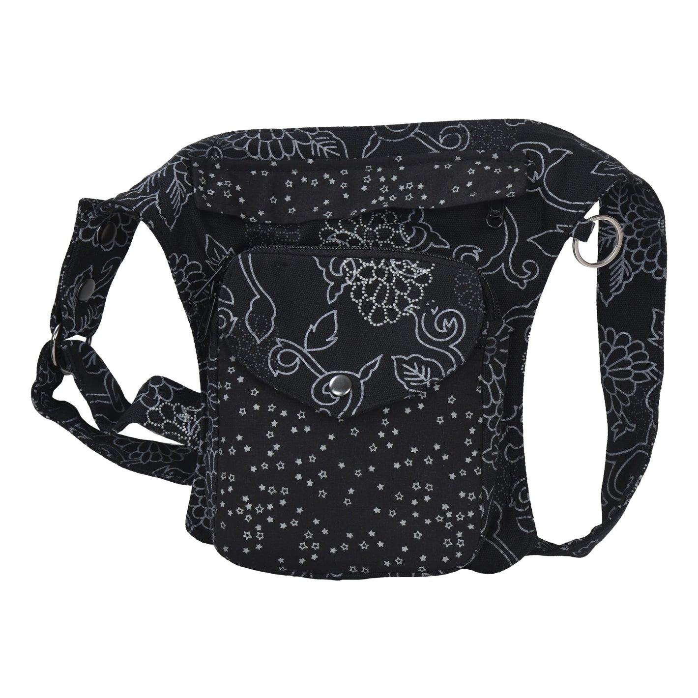 Nijens Gassi-Tasche Barcelona schwarz mit floralem Muster und Sternen, praktische Hüfttasche für Hundespaziergang mit mehreren Fächern und Reißverschluss