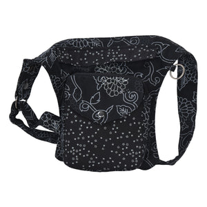 Nijens Gassi-Tasche Barcelona schwarz mit floralem Muster und Sternen, praktische Hüfttasche für Hundespaziergang mit mehreren Fächern und Reißverschluss