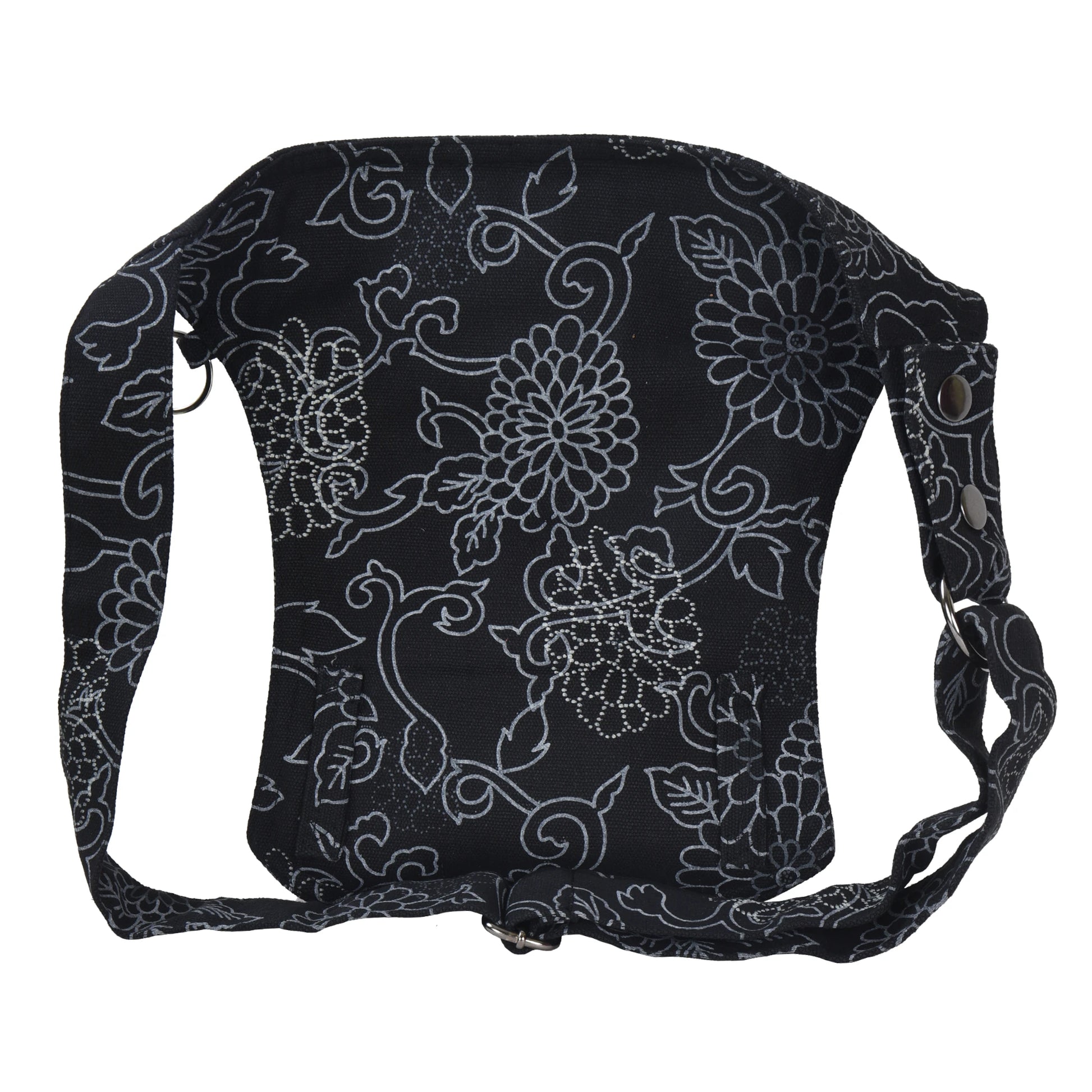 Rückseite der Nijens Gassi-Tasche Barcelona schwarz mit floralem Muster und Sternen