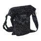 Seitenansicht der Nijens Gassi-Tasche Barcelona schwarz mit floralem Muster und Sternen, praktische Hüfttasche für Hundespaziergang mit mehreren Fächern