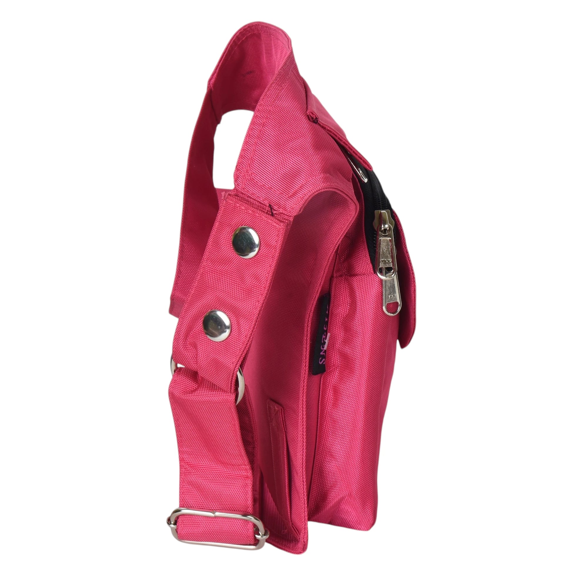 Seitenansicht der pinken Gassi-Tasche mit Reißverschlussfach