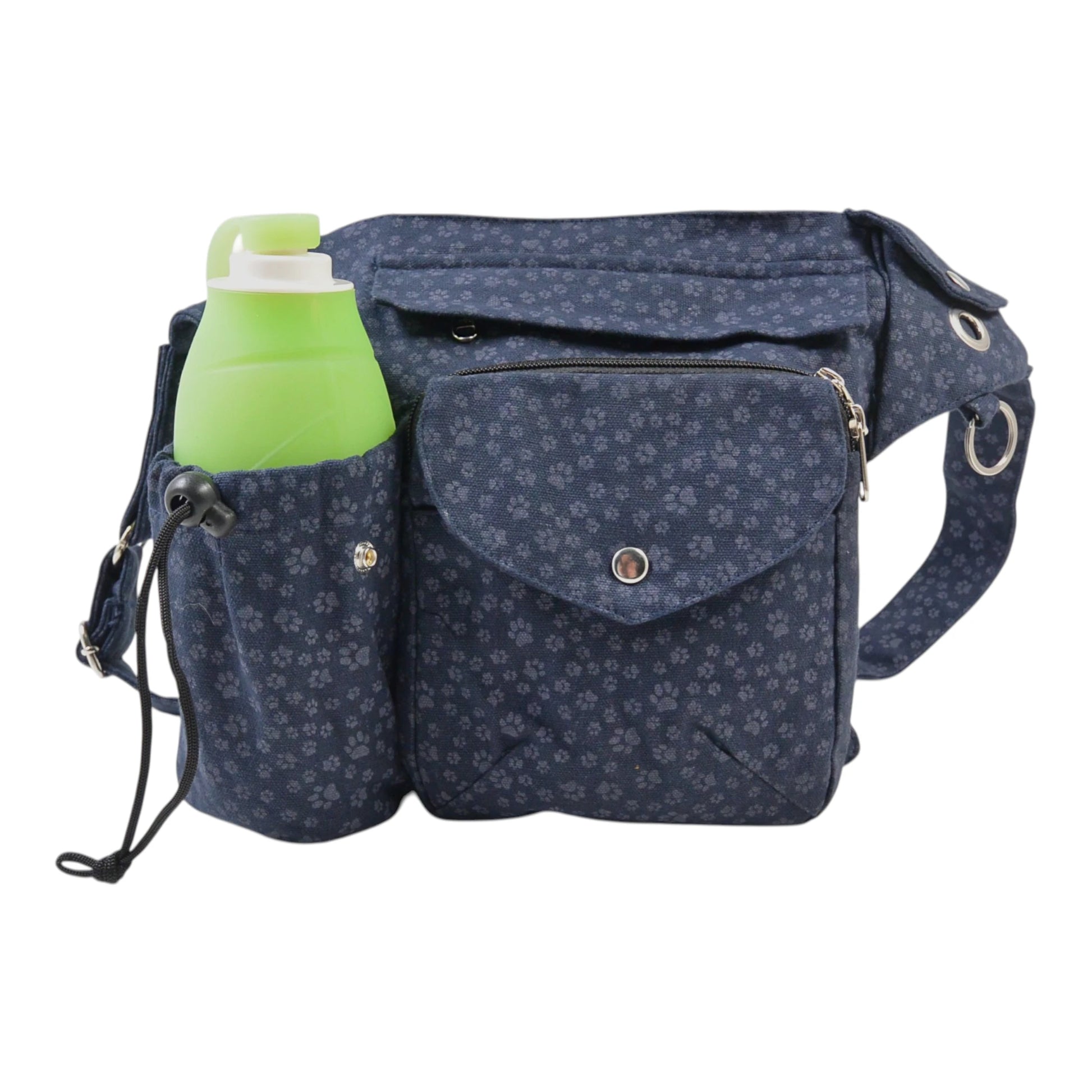 Gassitasche mit Pfotenmuster und Flaschenhalter – Canvas-Stoff Navy mit mehreren Fächern für Hundezubehör.
