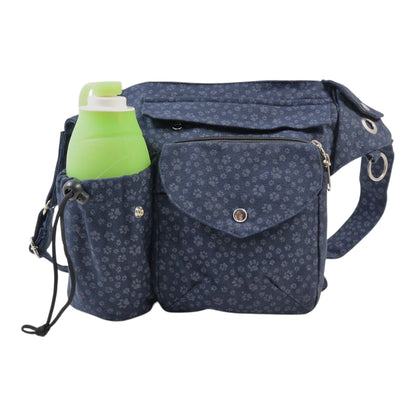 Gassitasche mit Pfotenmuster und Flaschenhalter – Canvas-Stoff Navy mit mehreren Fächern für Hundezubehör.