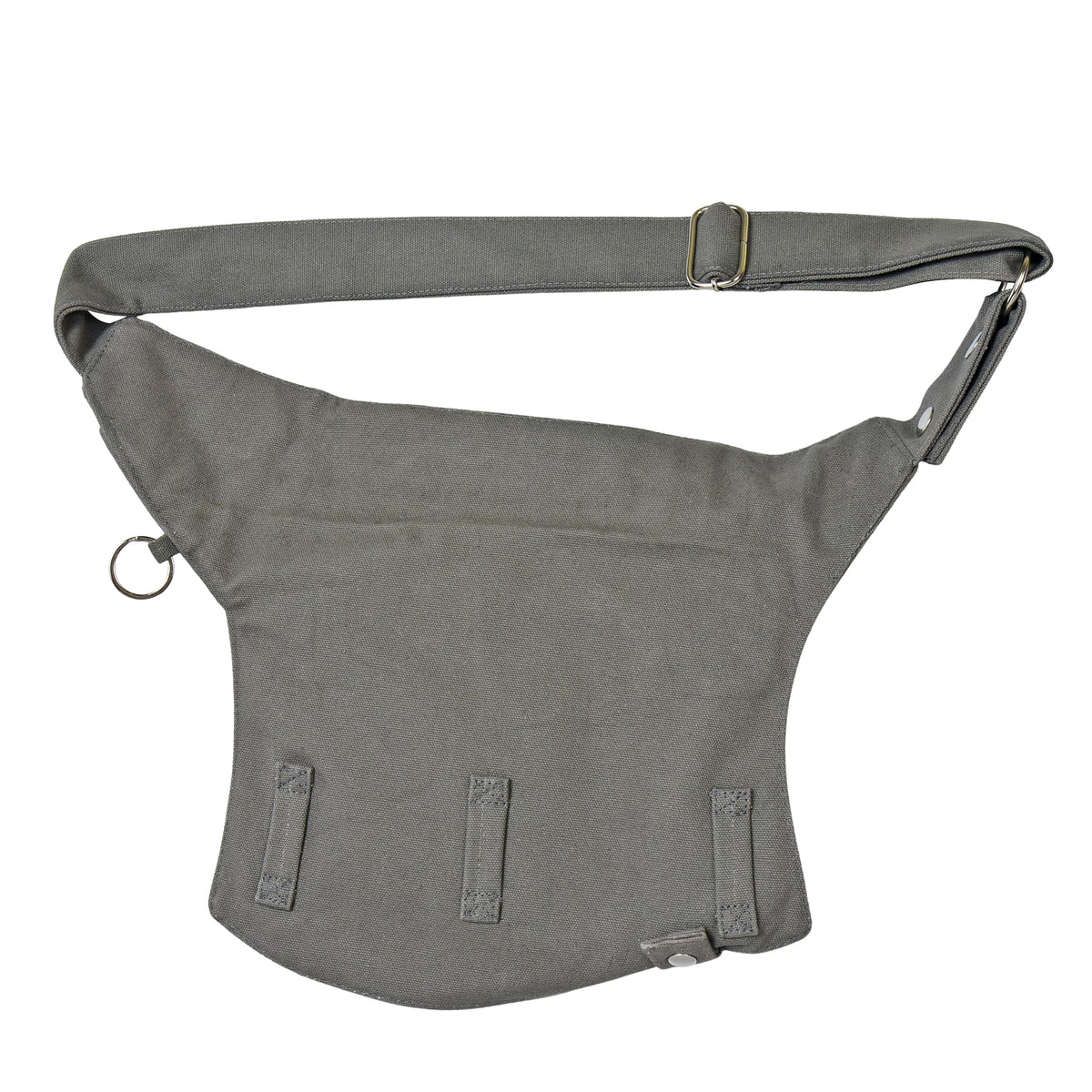 Gassi-Tasche in Grau von Nijens mit Flaschenhalter, Leckerlifach und Platz für Handy & Kotbeutel. Rückansicht.