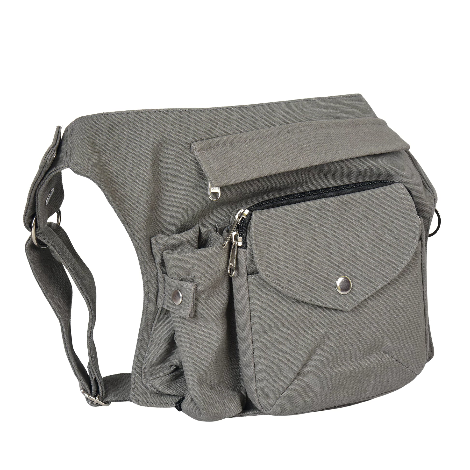 Gassi-Tasche in Grau von Nijens mit Flaschenhalter, Leckerlifach und Platz für Handy & Kotbeutel. Seitenansicht.