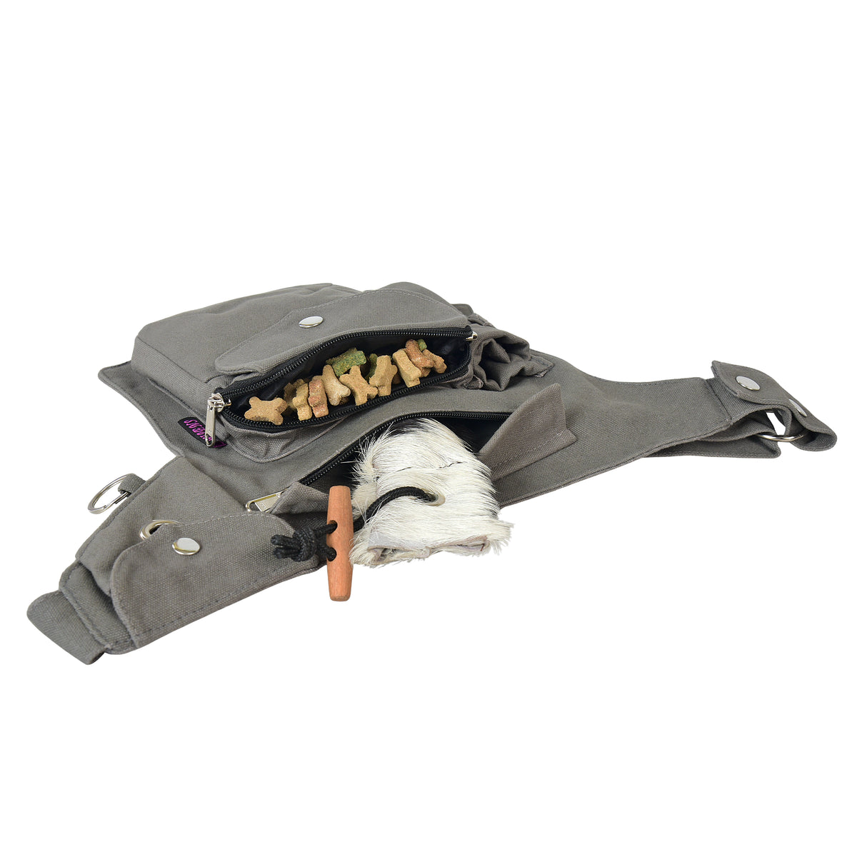 Gassi-Tasche in Grau von Nijens mit Flaschenhalter, Leckerlifach und Platz für Wurf-Dummy & Kotbeutel. Innenansicht.