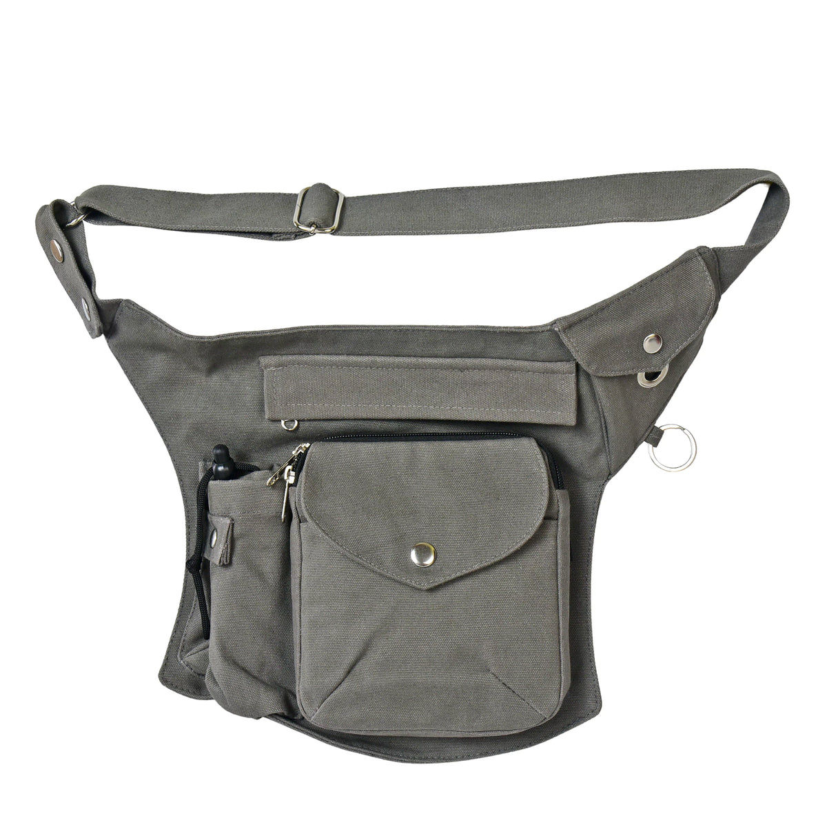Gassi-Tasche in Grau von Nijens mit Flaschenhalter, Leckerlifach. Frontalansicht.