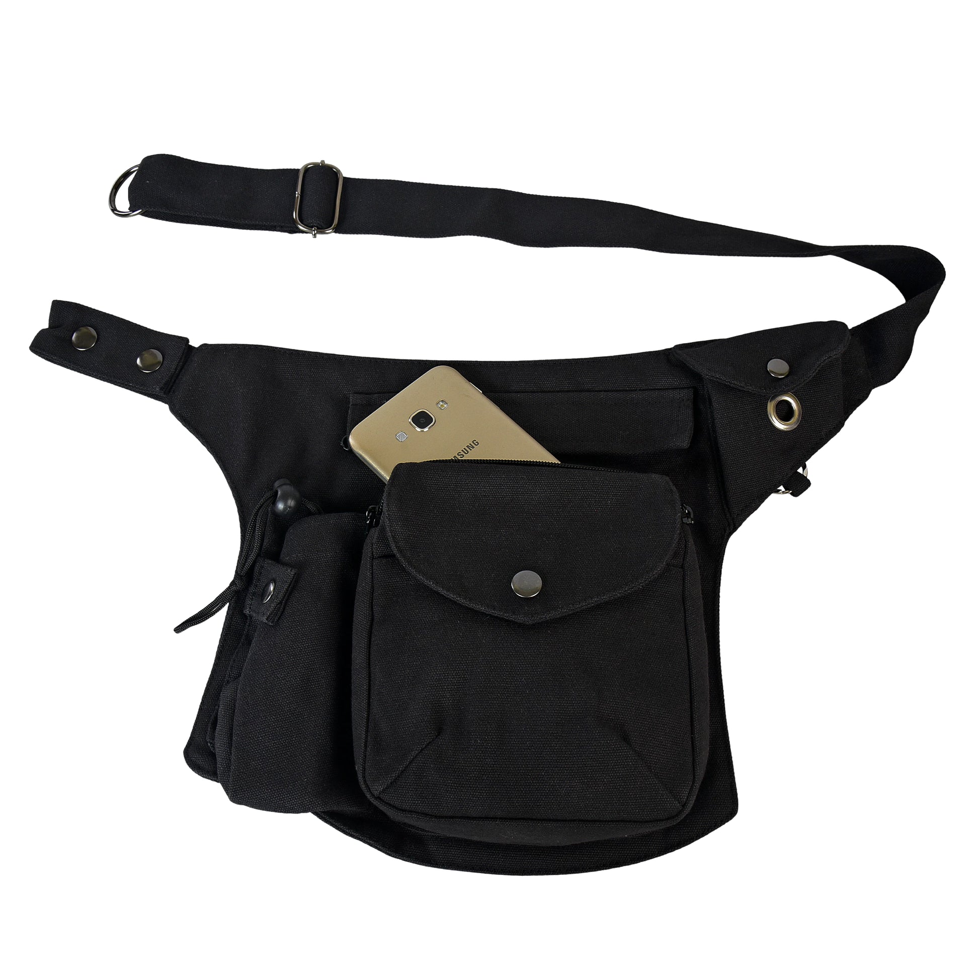 Canvas Gassi-Tasche in Schwarz von Nijens mit Flaschenhalter, Leckerlifach und Platz für Handy & Kotbeutel. Frontalansicht.