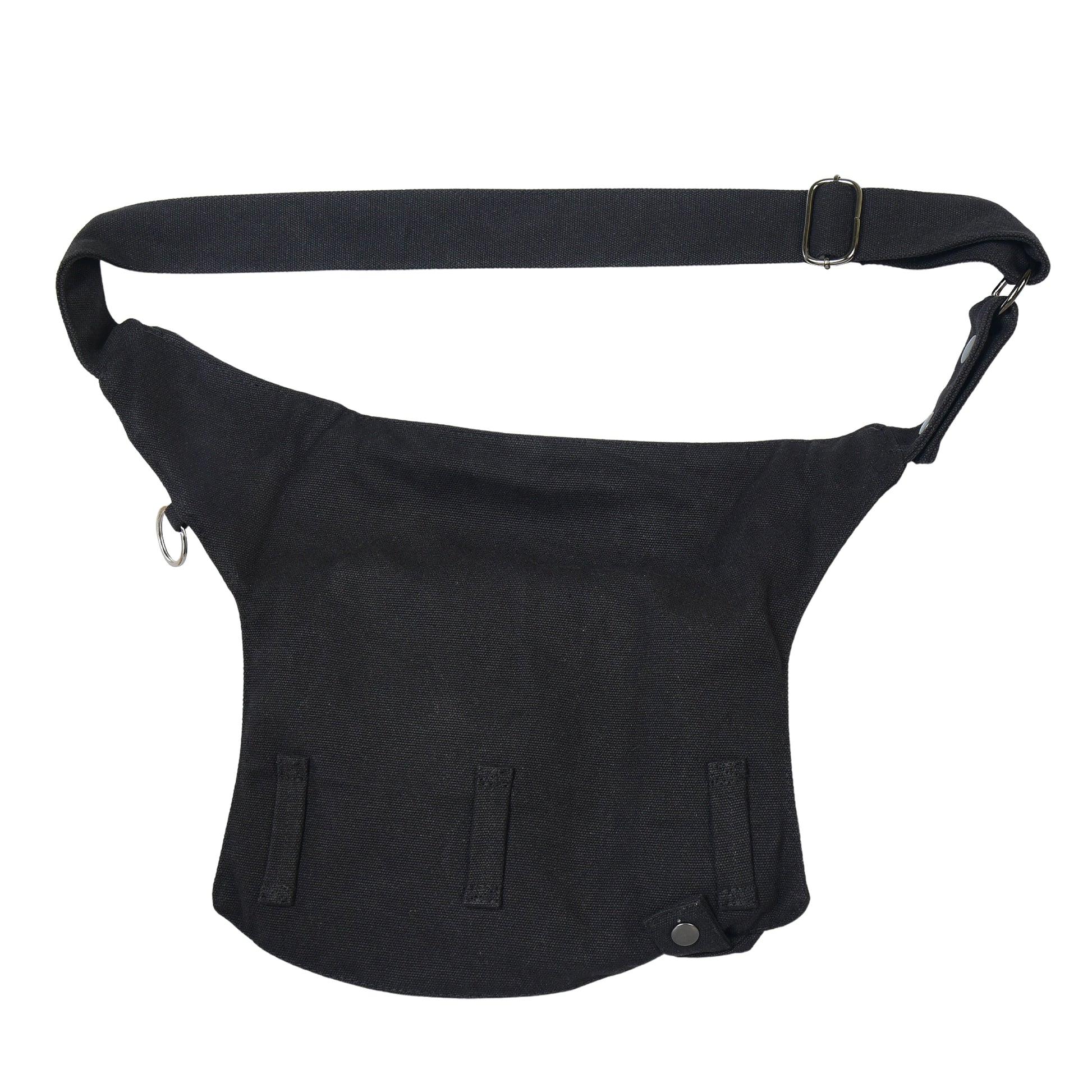 Canvas Gassi-Tasche in Schwarz von Nijens mit Flaschenhalter, Leckerlifach und Platz für Handy & Kotbeutel. Rückansicht.